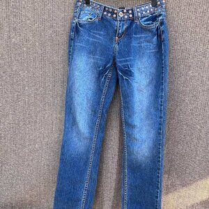 Enyce button blue Women's Sz 9 Jeans with bronze metal studs studded Embroidered